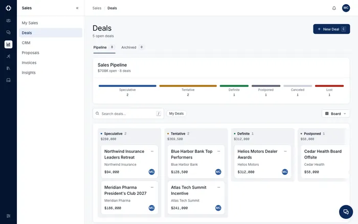 The Deals board grouped by company-defined statuses such as Speculative, Tentative, Definite and Postponed.