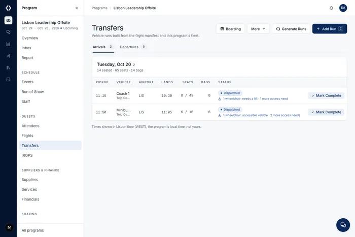 Transfers for a fictional Lisbon program, where each arrival run shows its guests' access needs, such as 1 wheelchair, needs a lift.