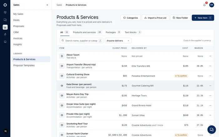 The Products & Services list with each item's client price, the supplier who delivers it, the cost and the margin.