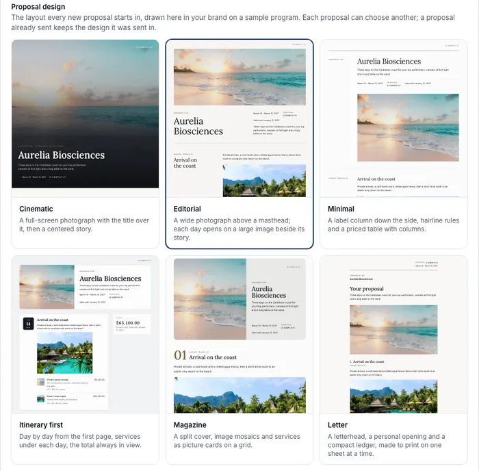 The Branding page in Settings showing six proposal designs, Cinematic, Editorial, Minimal, Itinerary first, Magazine and Letter, each drawn on a sample program.