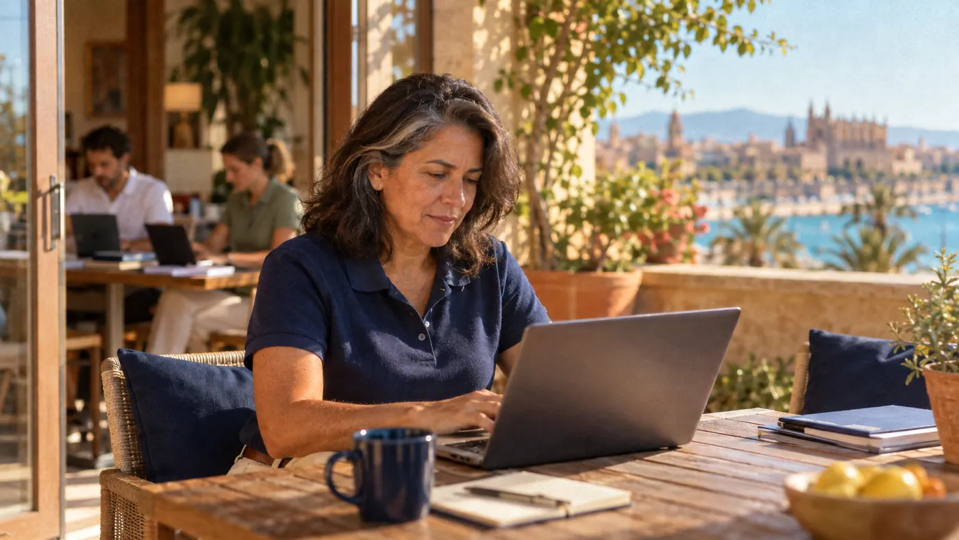 A DMC owner working at a laptop on a terrace while her team works behind her