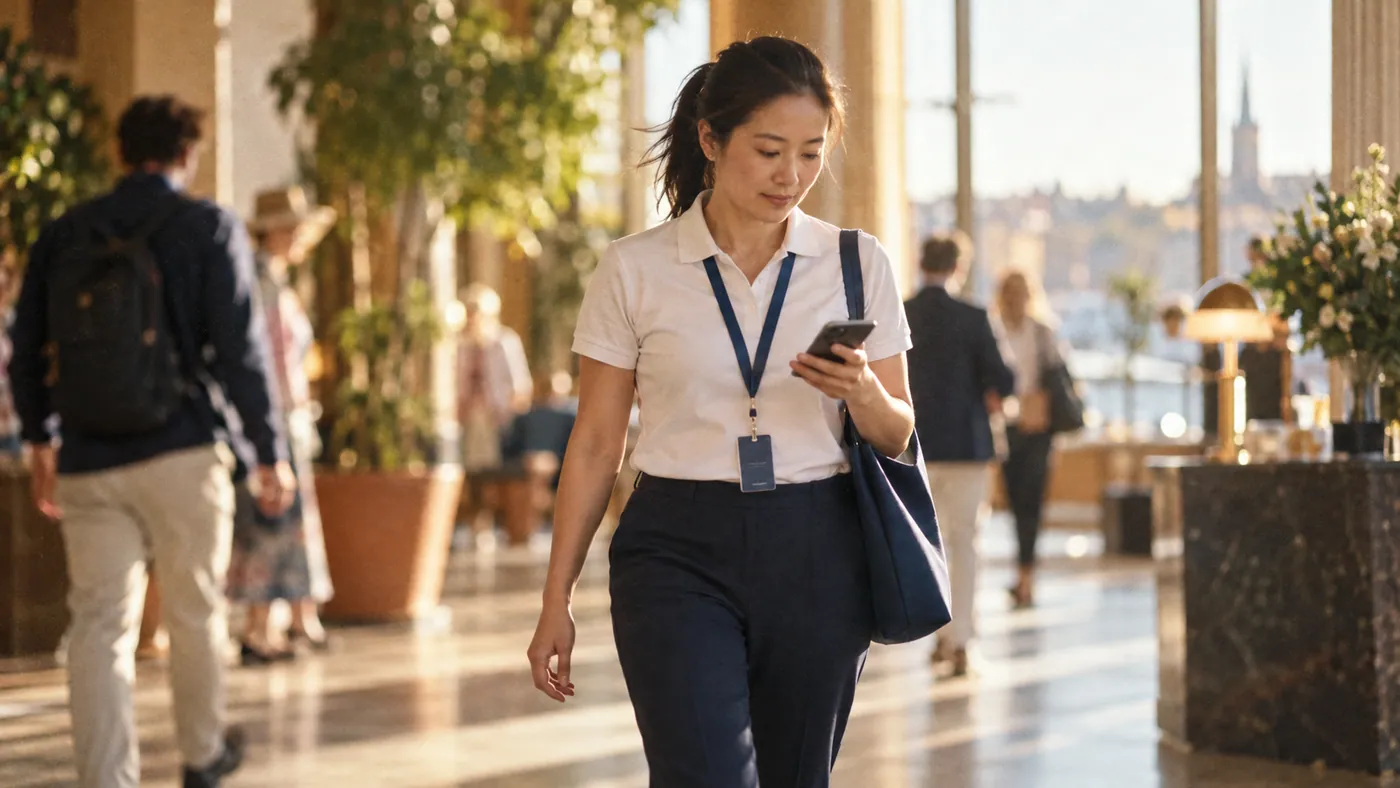 A coordinator walking through a venue foyer, glancing at her phone