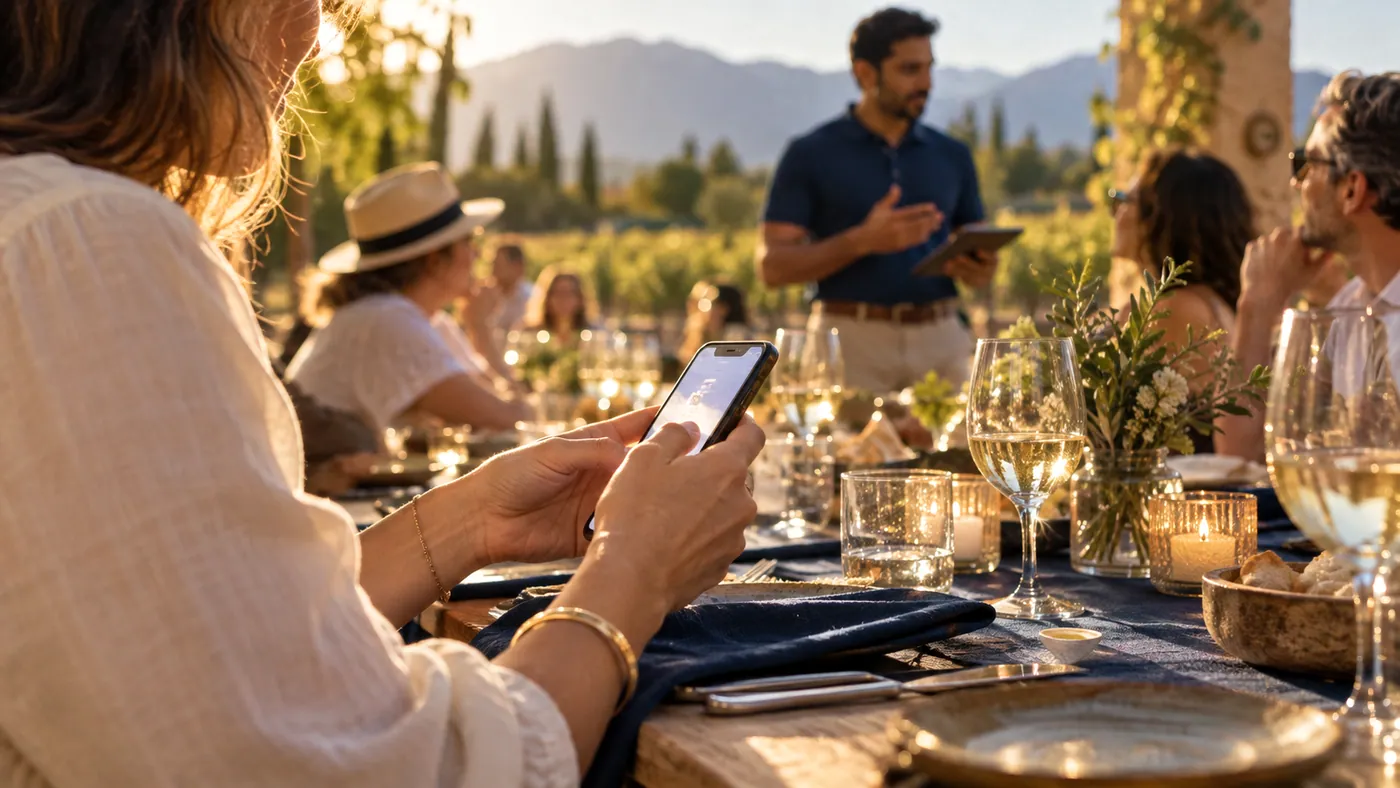 A client's hands holding a phone at a dinner table