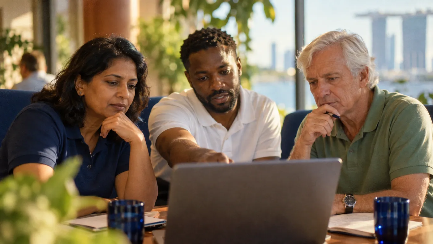 Three colleagues around a laptop, one pointing at the screen
