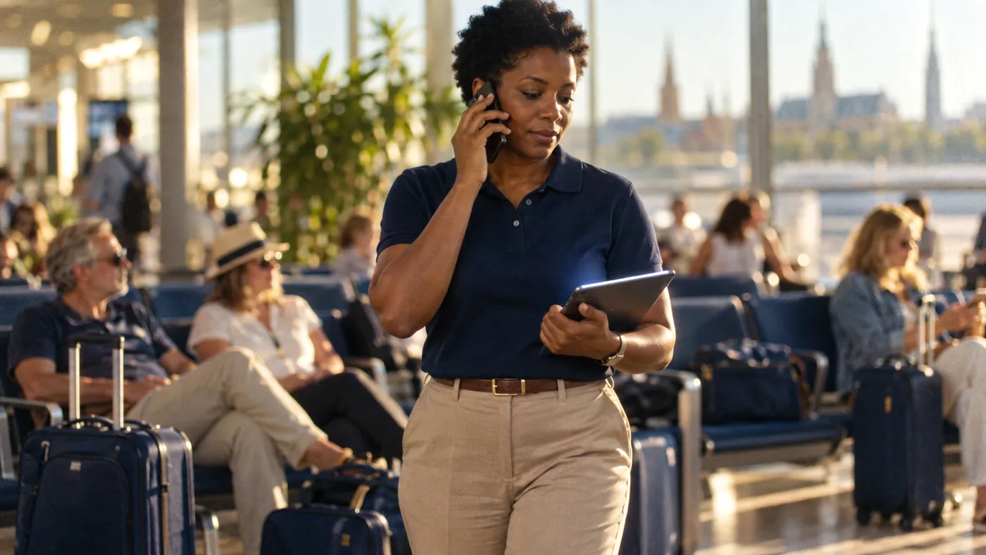 A coordinator in an airport lounge with a tablet in one hand and a phone at her ear