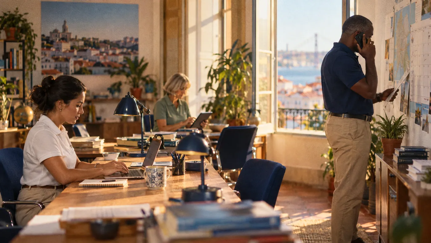 A planner at a laptop, a coordinator on the phone and an owner with a tablet in one bright office