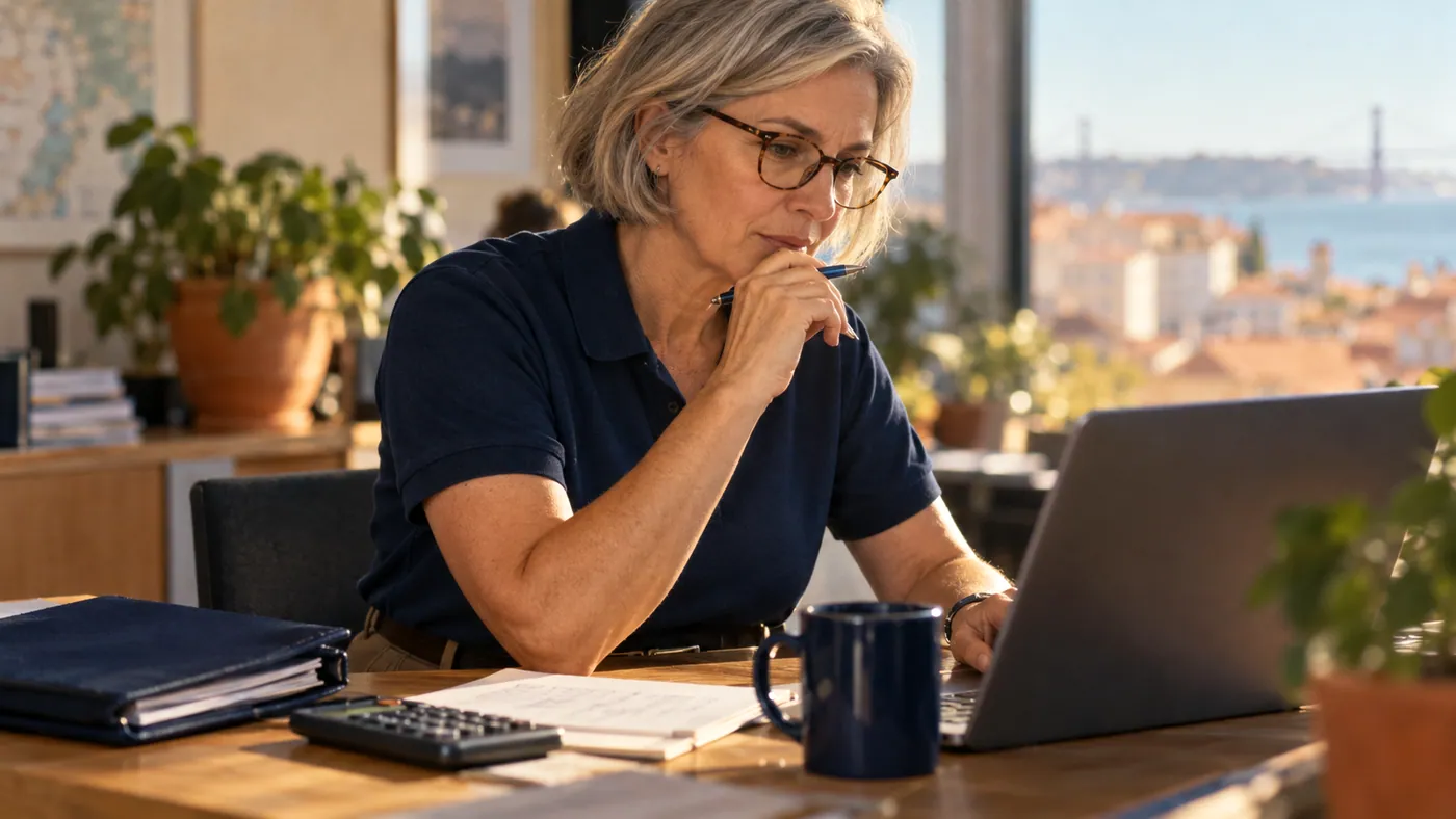 A finance lead at her desk studying a laptop, glasses on, pen in hand