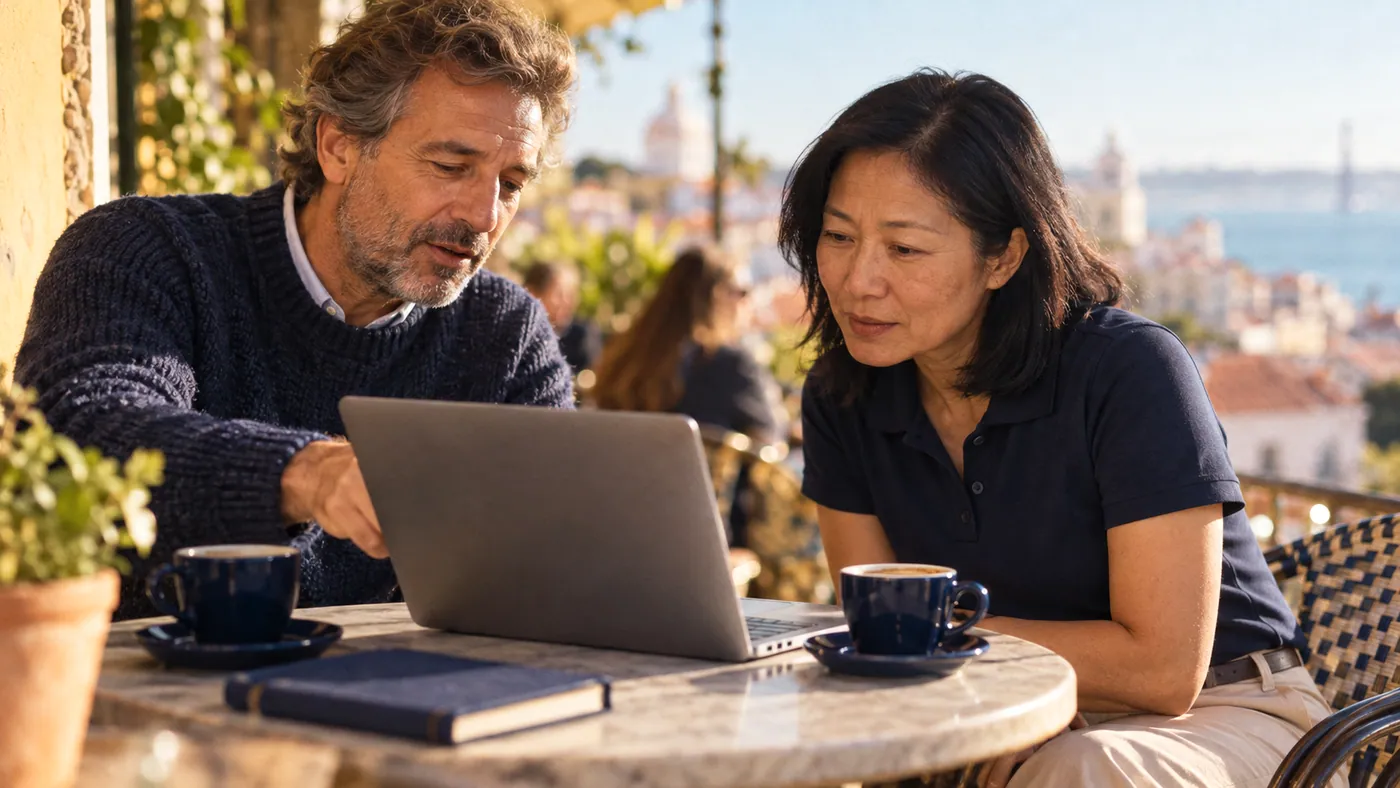 A consultant and a DMC owner looking at a laptop together at a cafe
