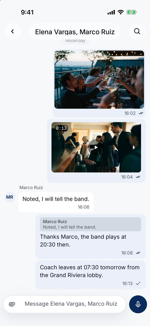 On the phone, a conversation with Elena Vargas and Marco Ruiz: a photo and a 13-second video with two ticks, a reply quoting Marco Ruiz with two ticks, and a newer message with one tick
