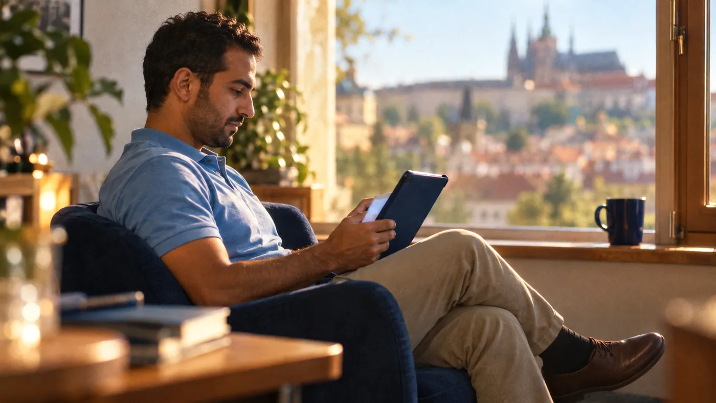 A planner reading on a tablet in an armchair by a window