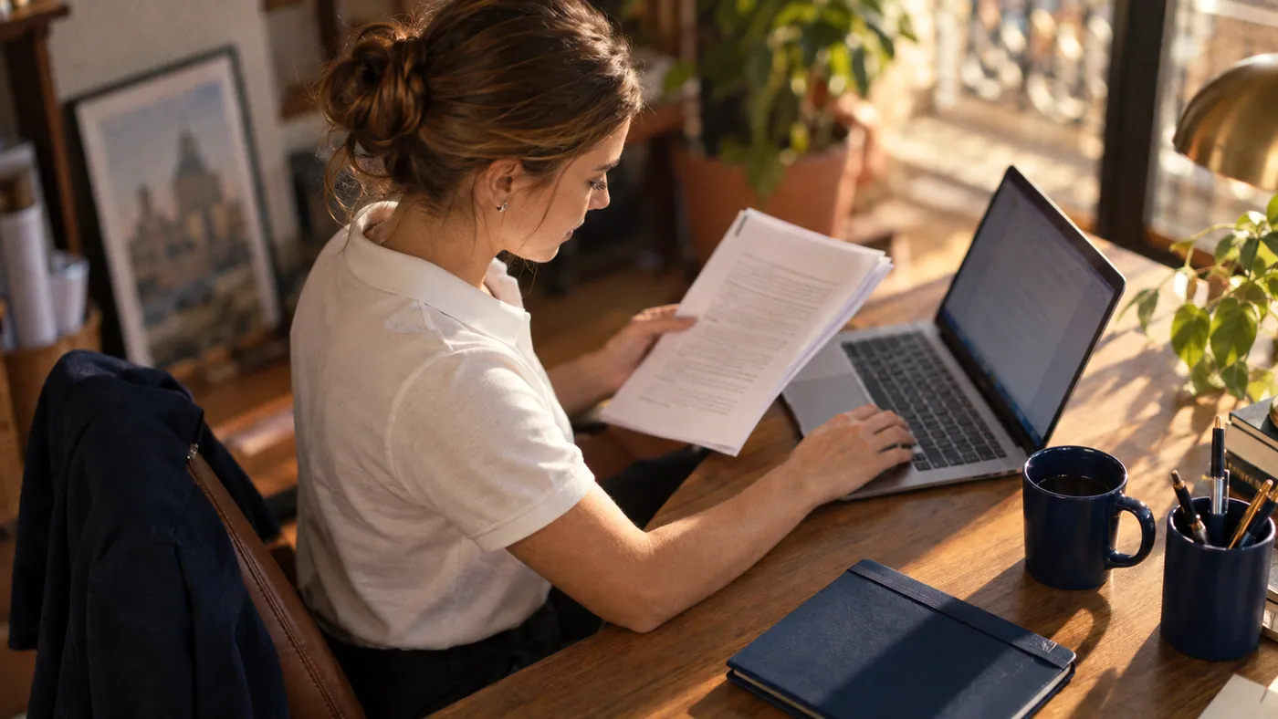 A planner holding printed pages in one hand and working a laptop with the other