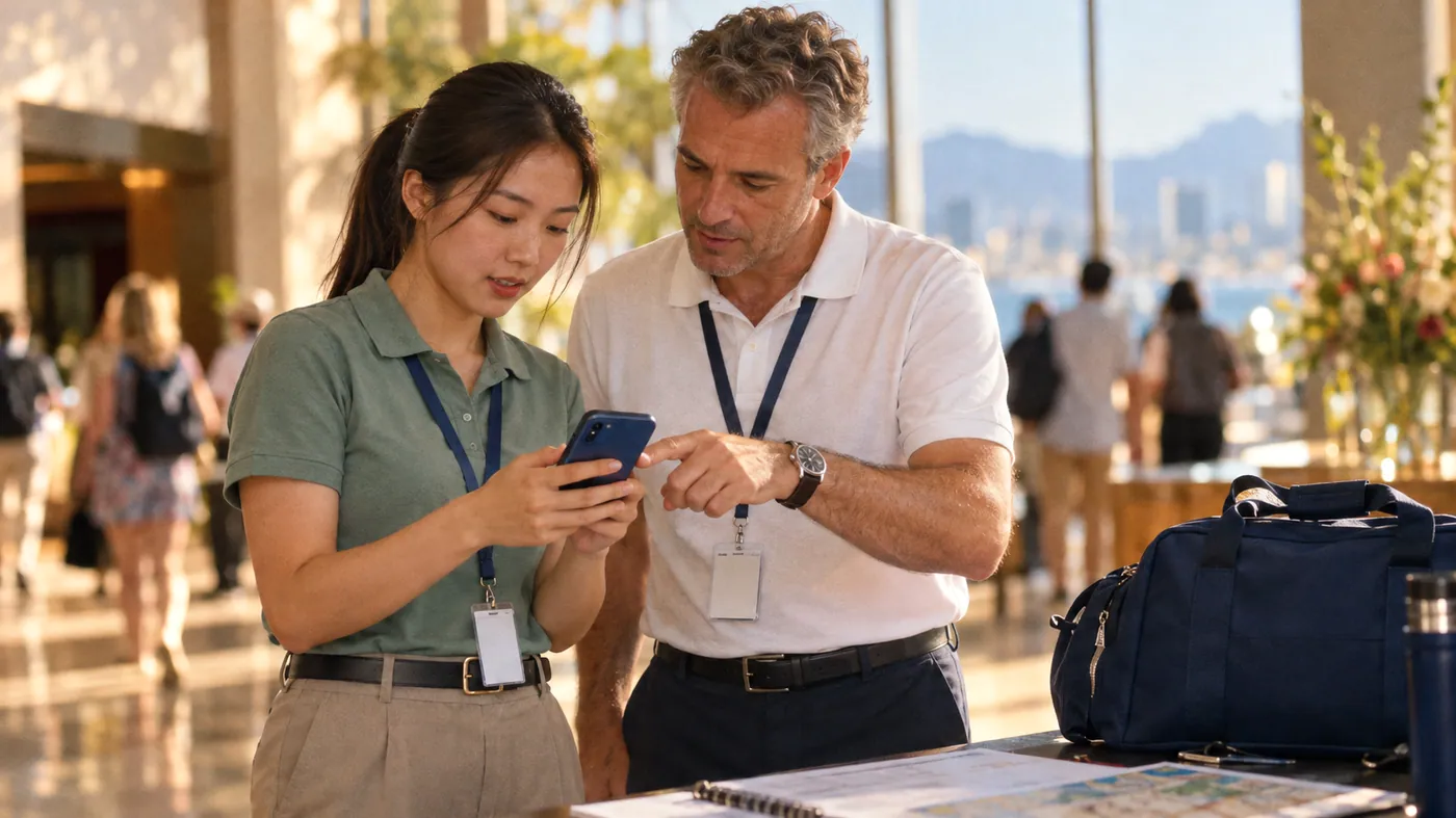 A team lead and a freelance guide both looking at the guide's phone