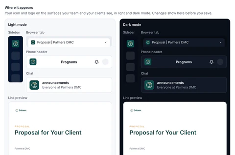 Settings, Branding, Where it appears: the company's palm icon in the sidebar, the browser tab titled Proposal | Palmera DMC, the phone header, a company chat channel and a link preview, in light and dark mode