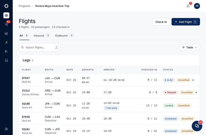 The program's Flights board in a table: five legs with route, date, departure and arrival times, checked-in counts and status. ZV312 from Chicago is Delayed, XQ100 Landed 7 minutes early with 13 of 13 checked in, QY847 In Air with a new estimate, two departures Scheduled