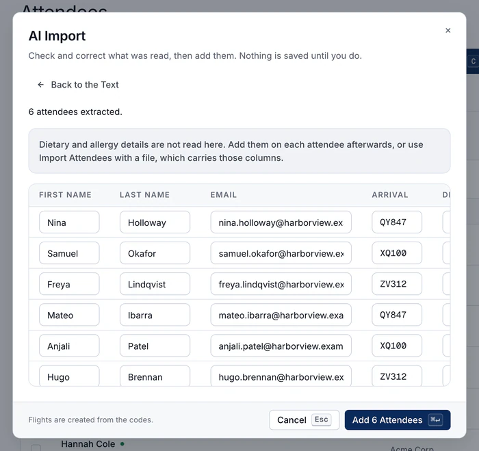 AI Import, review step: six attendees read from a pasted manifest, each with first name, last name, email and arrival flight code in an editable row, and Add 6 Attendees on the right