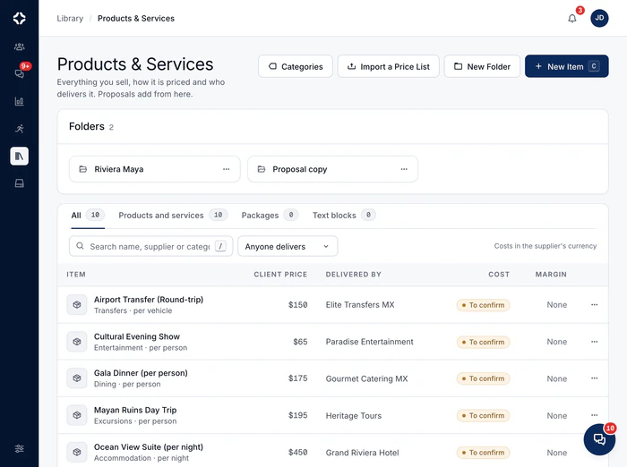 Products and Services: each item with its client price, the supplier who delivers it, its cost status and margin