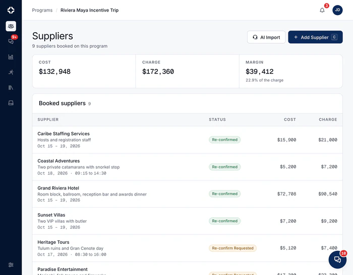 A program's Suppliers: cost, charge and margin, then each booked supplier with its status, such as Re-confirmed, Re-confirm Requested or Change Requested