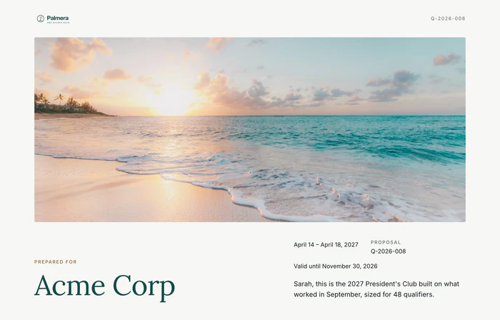 The proposal the client opens: the DMC's own logo, a cover photo, who it is prepared for, the dates and a short message