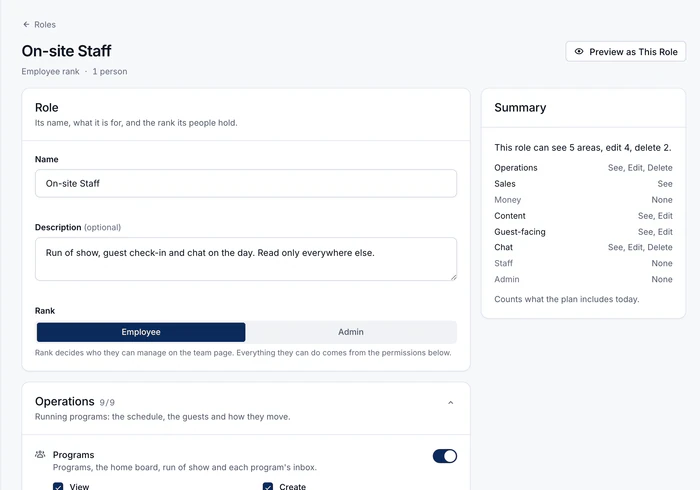 The role editor for a custom role called On-site Staff: its name, description and Employee rank, a summary reading This role can see 5 areas, edit 4, delete 2, and the Operations area below with Programs switched on