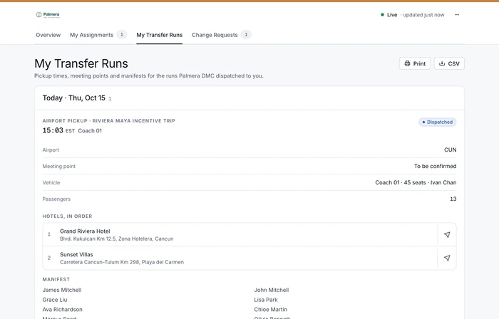 The supplier portal for a transport company: today's dispatched airport pickup with its time, vehicle, passengers, hotels in order and the manifest
