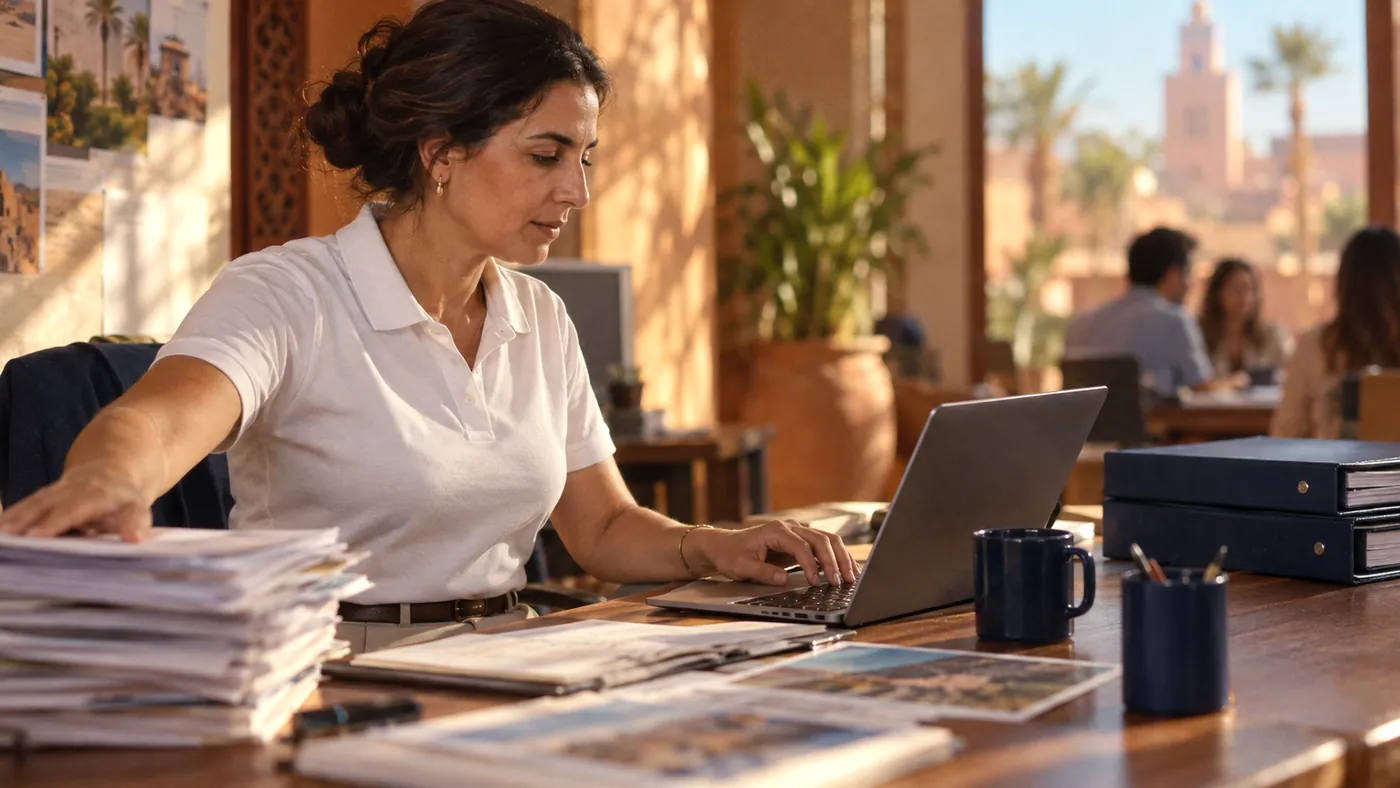 A coordinator closing a pile of paper lists and turning to her laptop