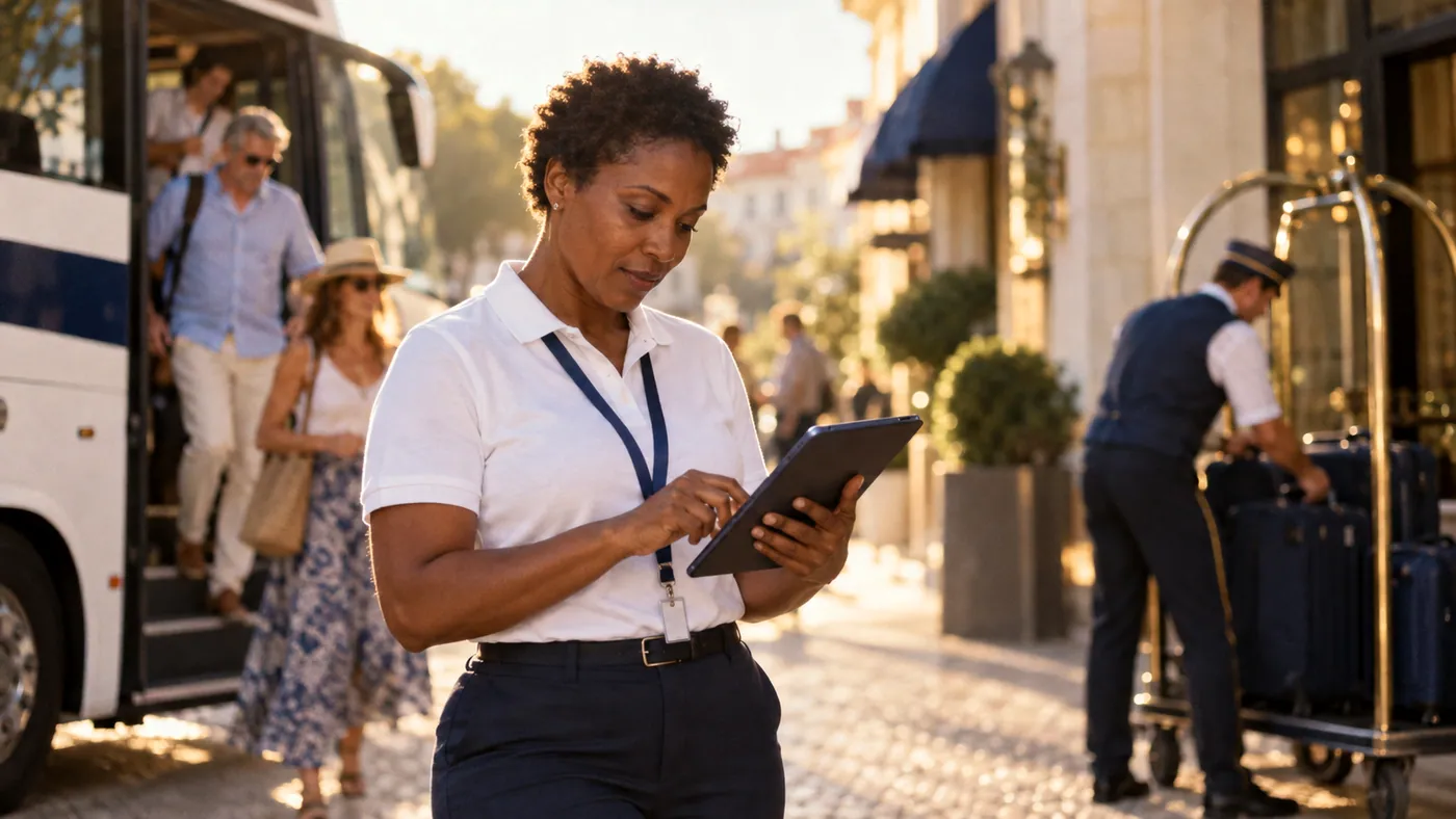 A coordinator outside a hotel with a tablet as guests arrive from a coach behind her