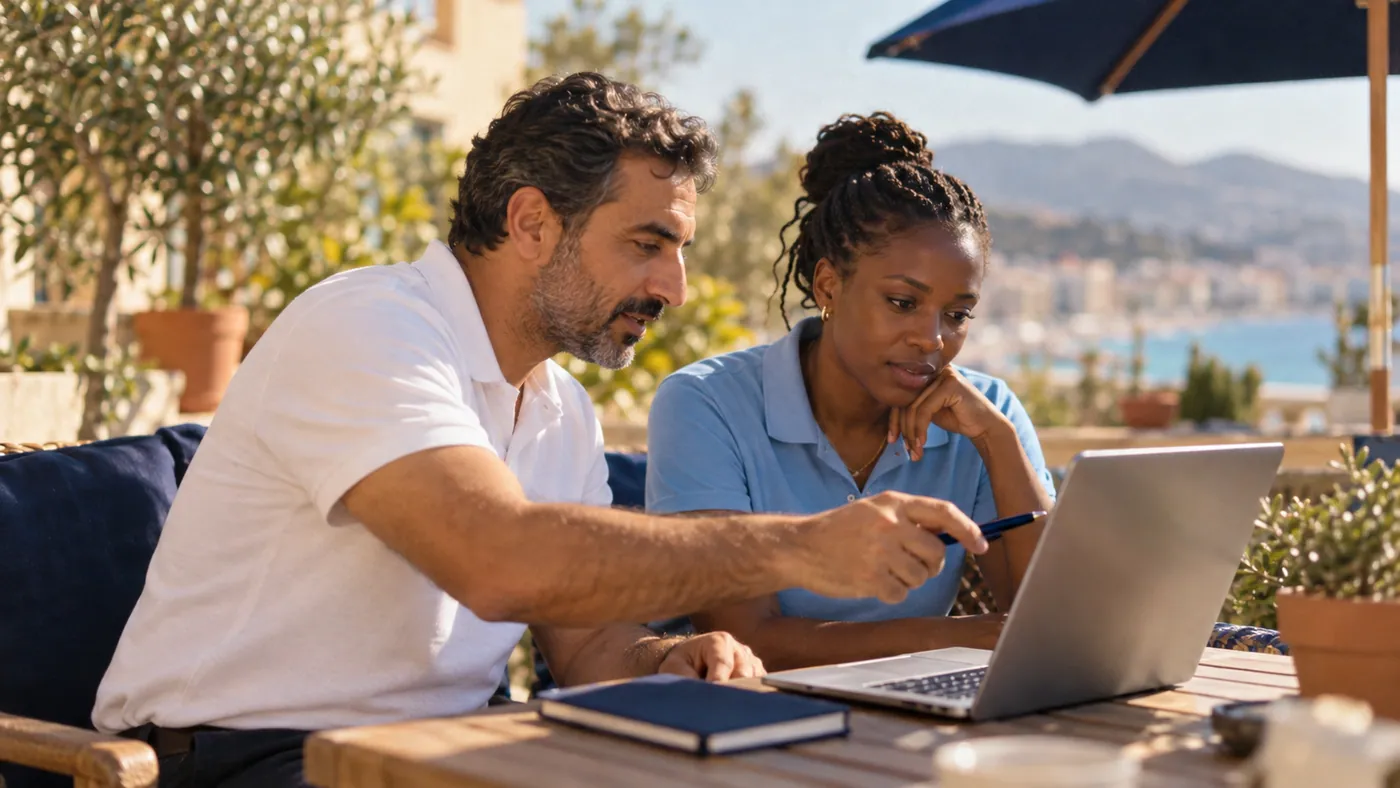 Two colleagues watching a laptop together at a terrace table