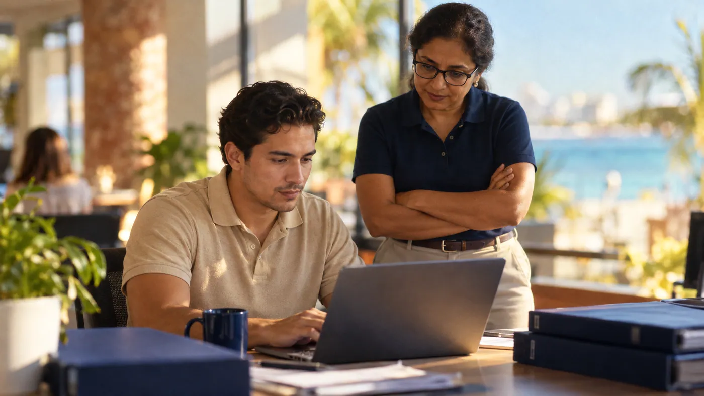 A coordinator and a finance colleague at a laptop in a bright office