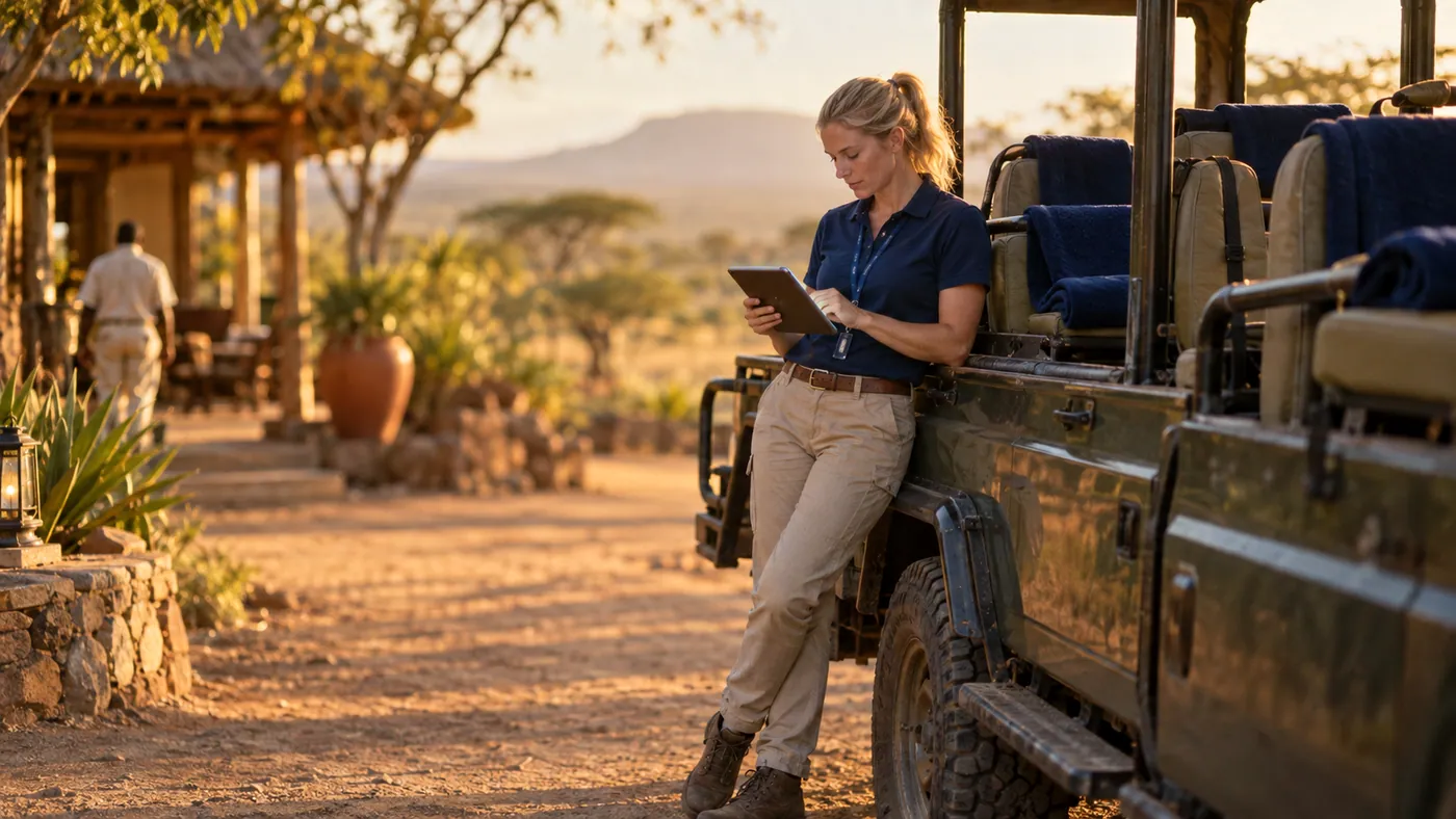 A guide beside a safari vehicle reading the day on her tablet