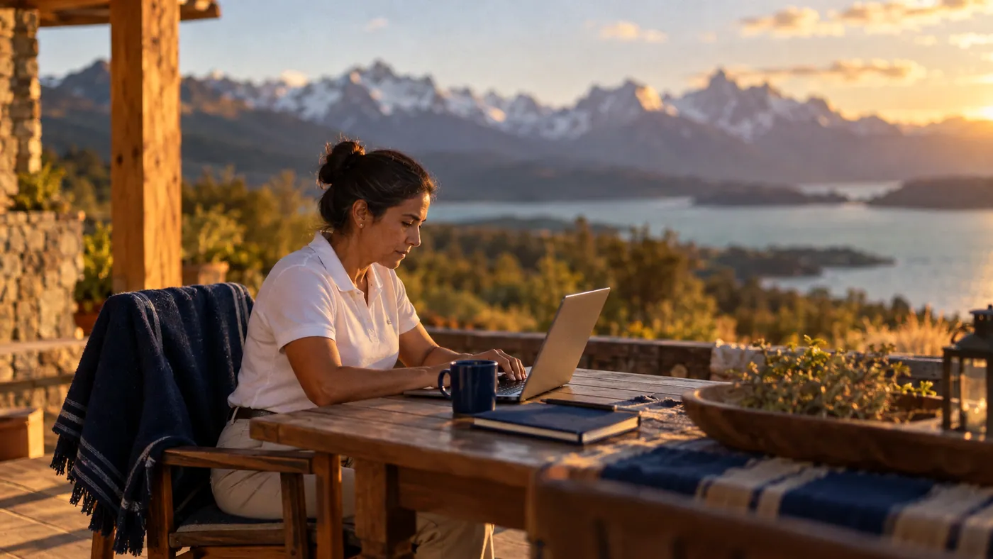 A planner at a laptop on a lodge veranda with mountains behind