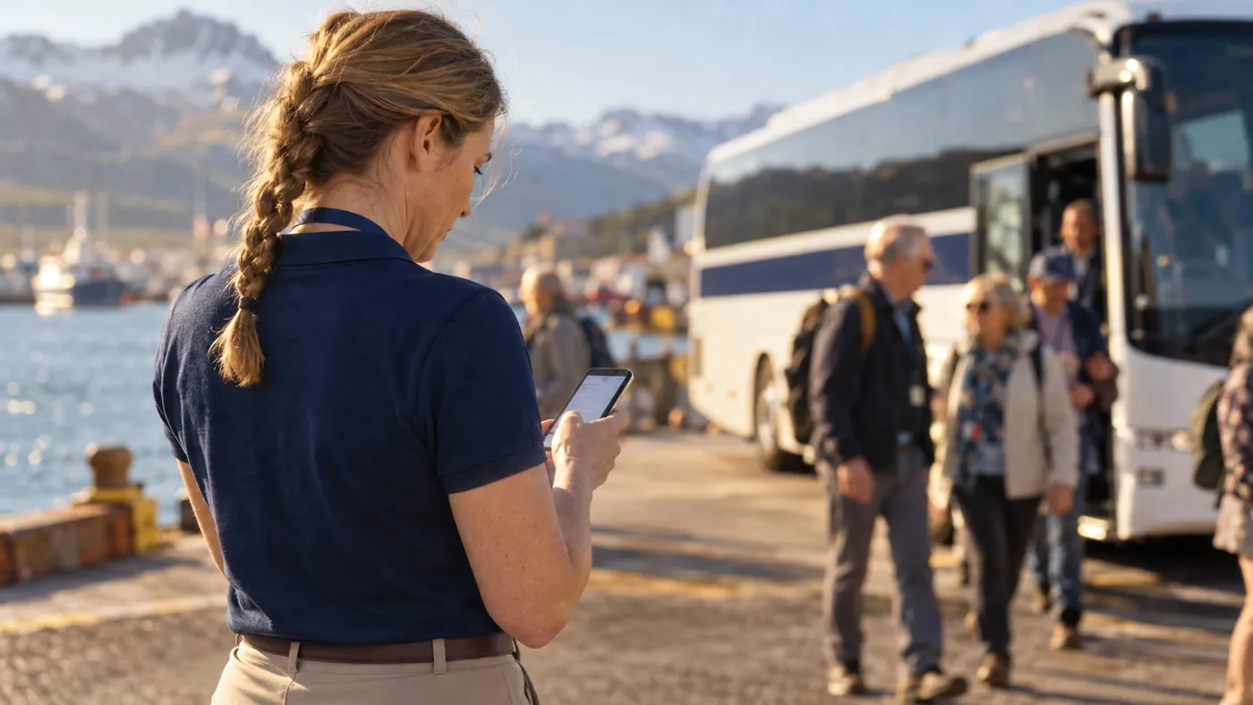 A coordinator on a quay checking her phone as a coach pulls in