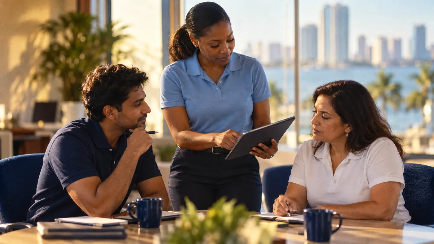 A sales manager presenting from a tablet to two colleagues