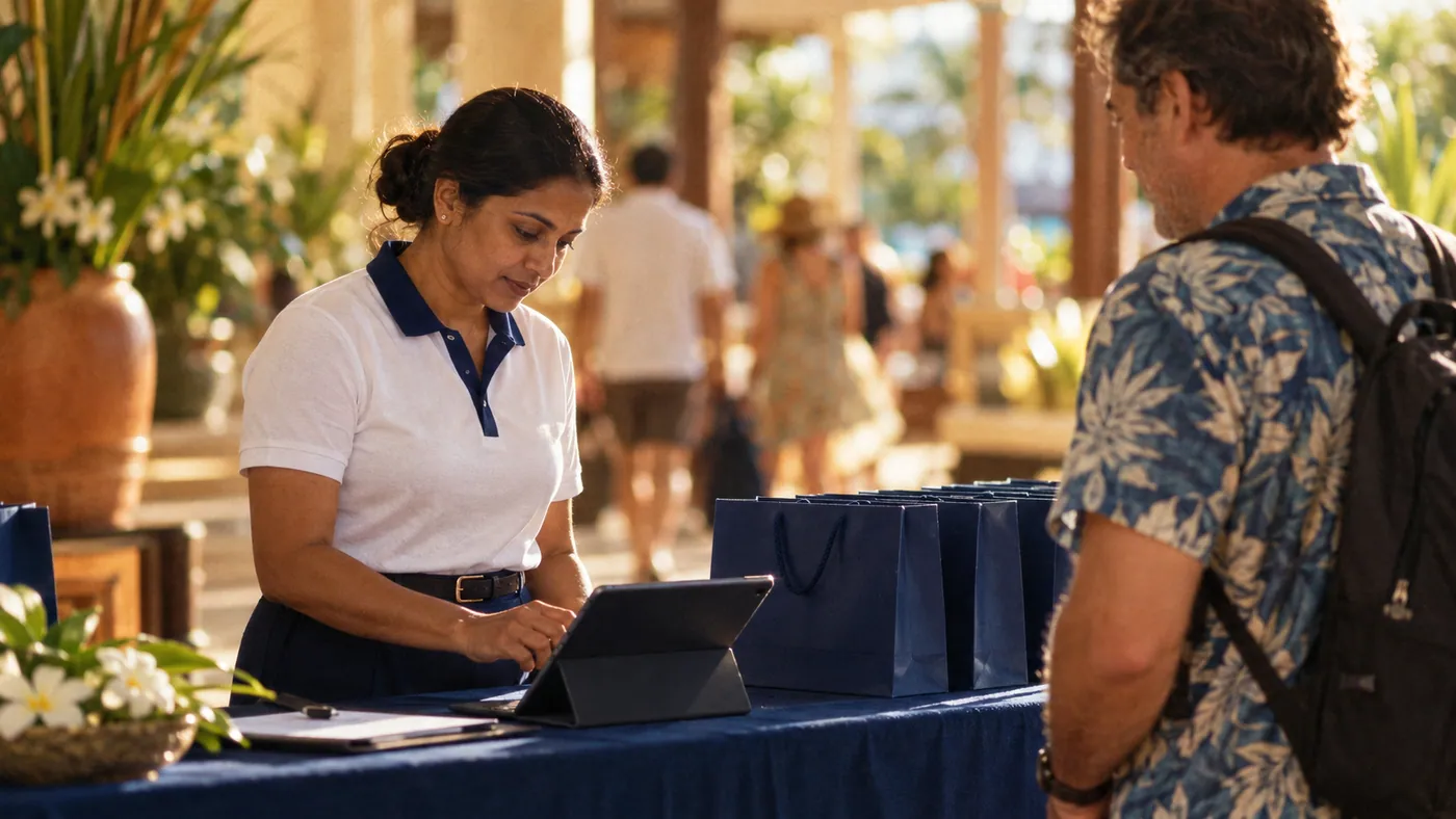 A coordinator at a welcome desk finding a guest on a tablet
